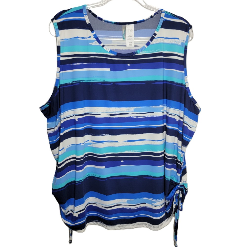 Swim365 Womens Plus Size 26/28 Blue Striped Ruched Side Swim Tunic Tankini Top‎